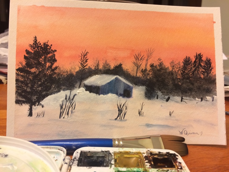 Watercolour painting landscape sunset with a barn in snow